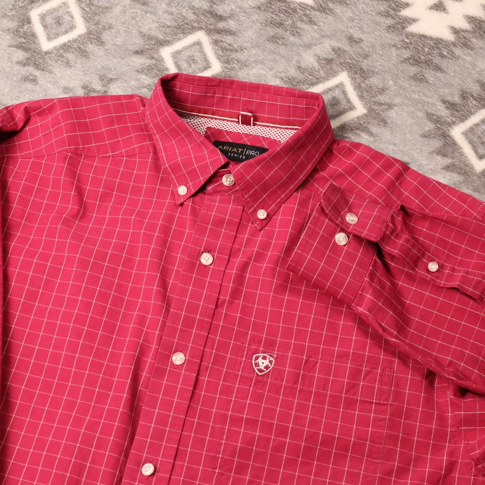 Ariat Pro Series  Shirt Mens Large Red Grid Check Western Button Down